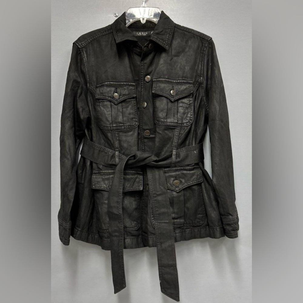 NWT Ralph Lauren Plus Size Black Onyx Belted Coated Denim Trucker Jacket Sz 14W - Picture 3 of 11